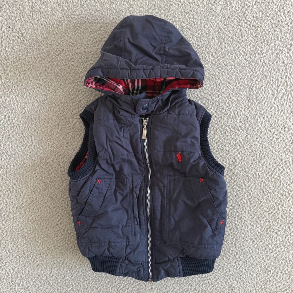 Ralph Lauren Kids Navy Blue Quilted Puffer Vest Sz 8Plaid Lined Hooded